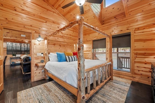 bedroom featuring wood walls, dark wood-type flooring, and wooden ceiling