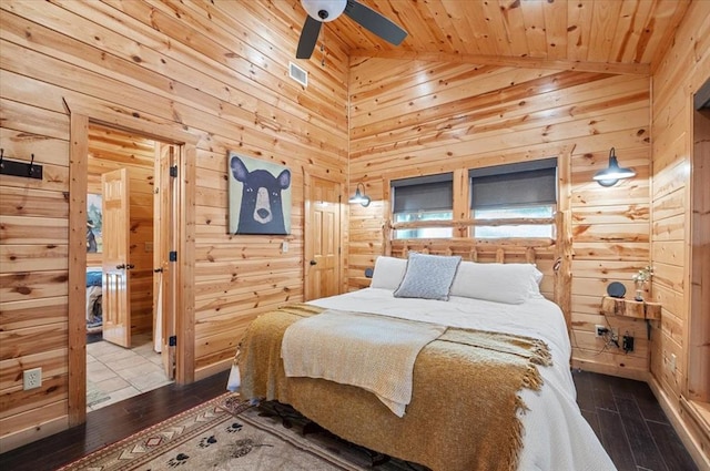 bedroom with hardwood / wood-style flooring, wooden ceiling, wooden walls, and vaulted ceiling