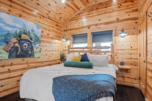 bedroom with dark hardwood / wood-style floors, vaulted ceiling, wooden ceiling, and wood walls