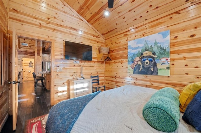 bedroom with lofted ceiling, wooden ceiling, and wooden walls