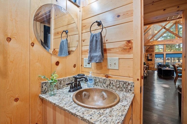 bathroom with vanity and wood walls