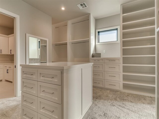 walk in closet with light colored carpet