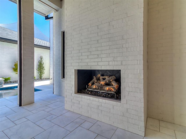 interior space with exterior fireplace