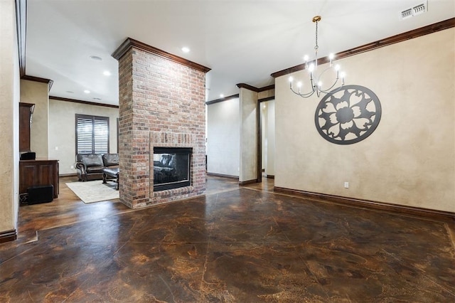 unfurnished living room featuring a fireplace, a chandelier, and crown molding