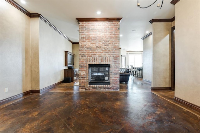 unfurnished living room with a brick fireplace and crown molding