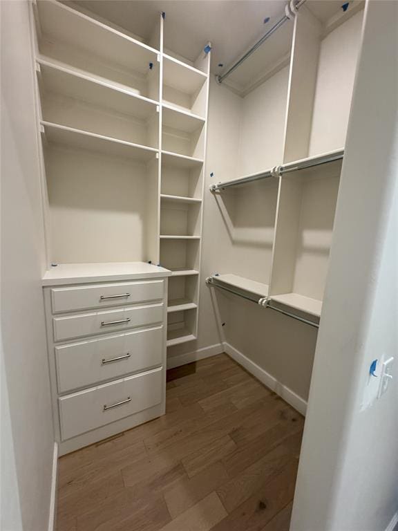 walk in closet with dark hardwood / wood-style floors