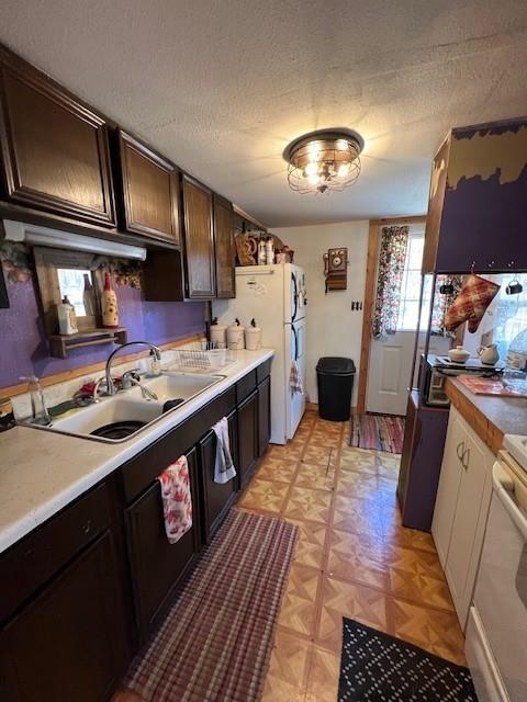 kitchen featuring a textured ceiling, dark brown cabinetry, sink, and white appliances