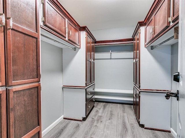 walk in closet with light hardwood / wood-style flooring