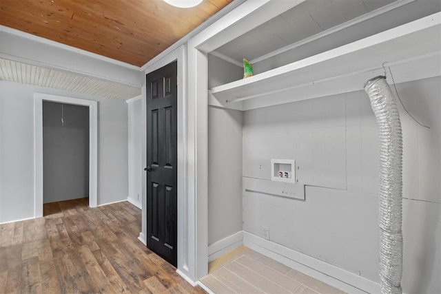 washroom featuring washer hookup, hookup for an electric dryer, wood-type flooring, wood ceiling, and ornamental molding