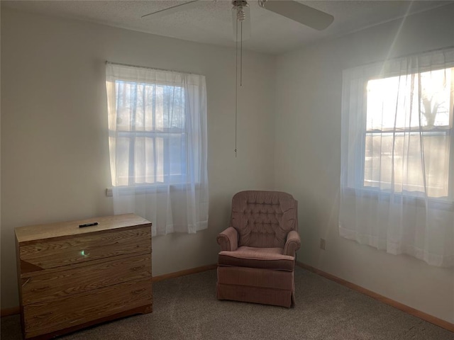 sitting room with ceiling fan, carpet, and a wealth of natural light