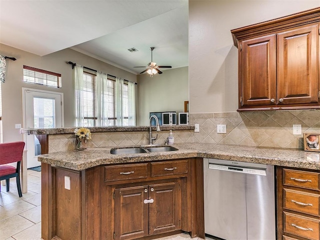 kitchen with backsplash, sink, stainless steel dishwasher, ceiling fan, and kitchen peninsula