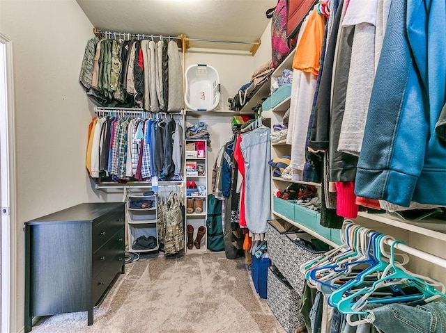 spacious closet featuring light colored carpet