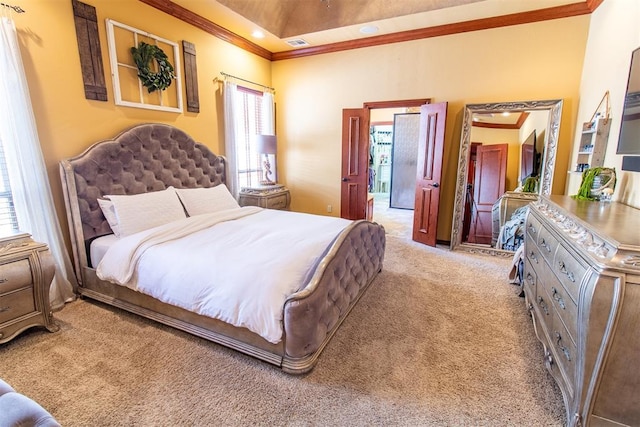 carpeted bedroom featuring ornamental molding