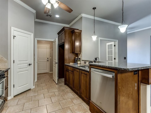 kitchen with dishwasher, ceiling fan, dark stone countertops, and sink