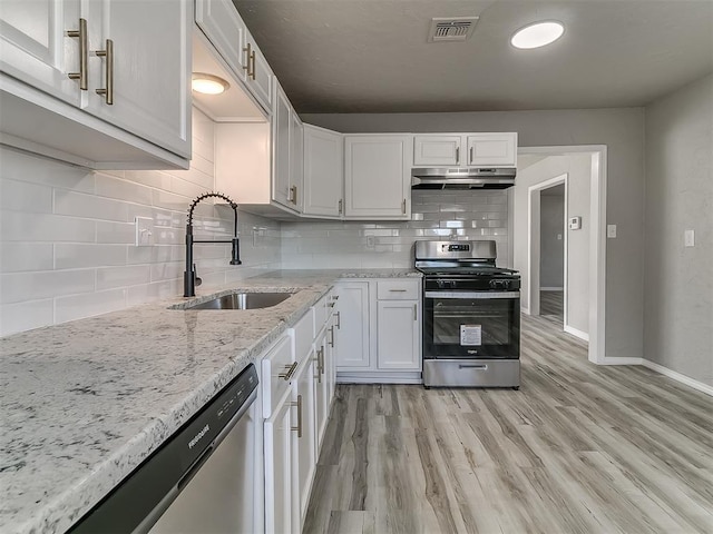 kitchen featuring white cabinets, decorative backsplash, stainless steel appliances, and sink