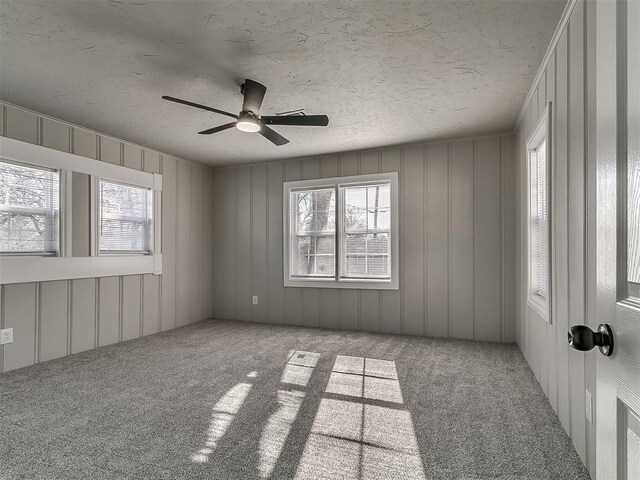 carpeted empty room featuring ceiling fan, a healthy amount of sunlight, and a textured ceiling