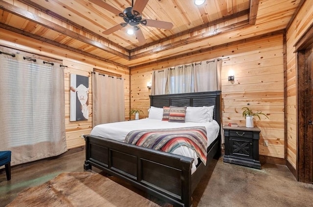 carpeted bedroom with wooden ceiling, ceiling fan, and wooden walls