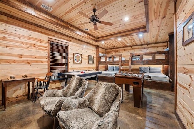 game room with ceiling fan, wood walls, and wooden ceiling