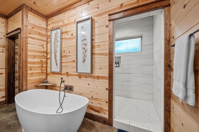 bathroom with wood walls, wooden ceiling, and independent shower and bath