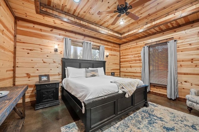 bedroom featuring wooden ceiling, ceiling fan, and wooden walls