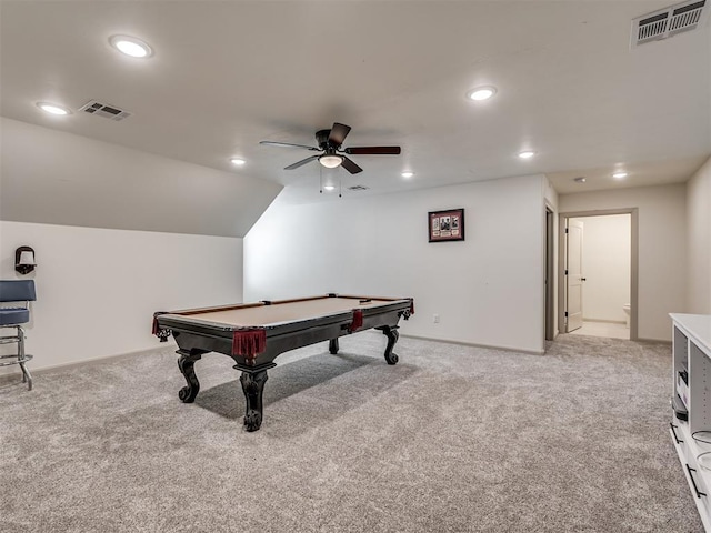 game room with light carpet, pool table, vaulted ceiling, and ceiling fan