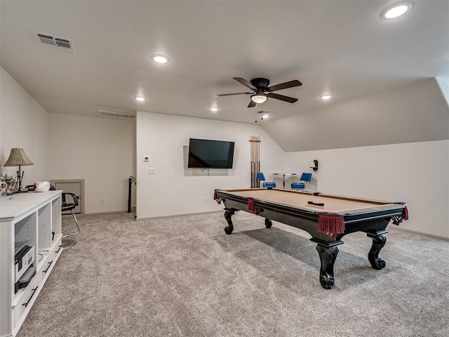 rec room with pool table, carpet floors, vaulted ceiling, and ceiling fan