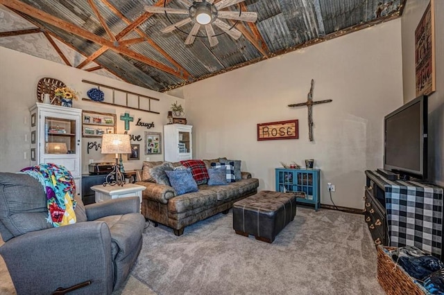 living room featuring carpet, ceiling fan, high vaulted ceiling, and beam ceiling