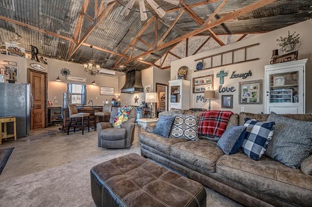 living room featuring high vaulted ceiling
