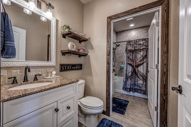 full bathroom with vanity, toilet, and shower / bathtub combination with curtain