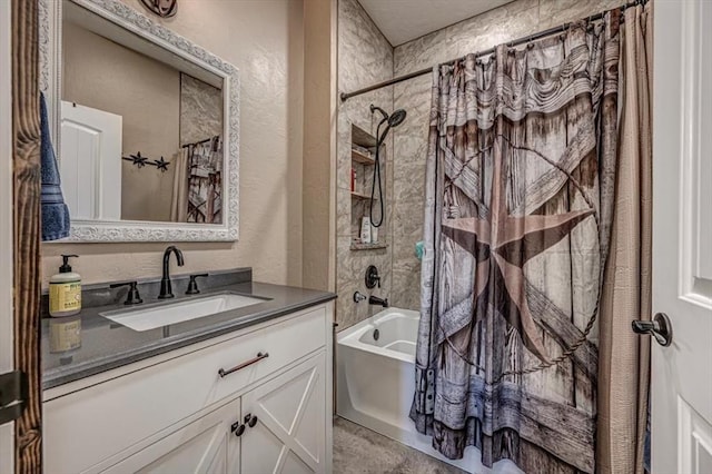 bathroom featuring vanity and shower / bath combo with shower curtain