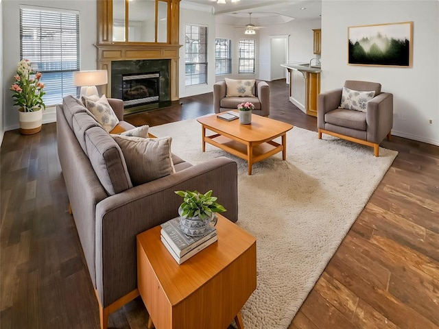 living room featuring dark hardwood / wood-style floors, ceiling fan, a premium fireplace, and a healthy amount of sunlight