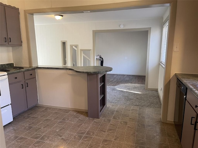 kitchen with kitchen peninsula, dark carpet, electric range, and stainless steel dishwasher