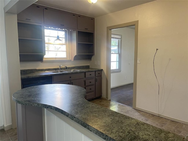 kitchen with gray cabinets, sink, and plenty of natural light