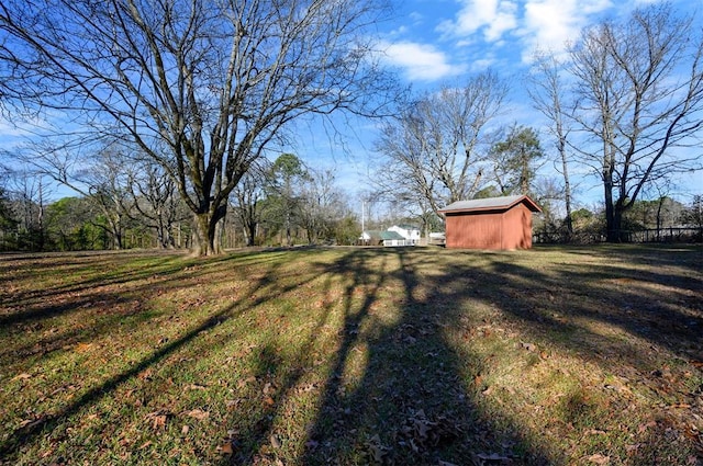 view of yard featuring a storage unit