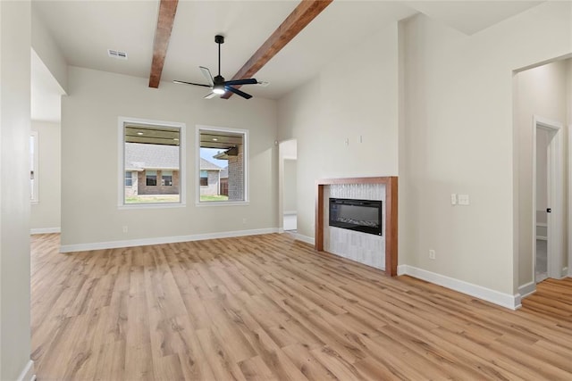 unfurnished living room with beamed ceiling, ceiling fan, and light hardwood / wood-style flooring