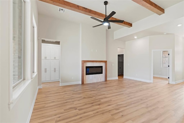 unfurnished living room featuring ceiling fan, light hardwood / wood-style flooring, and beamed ceiling