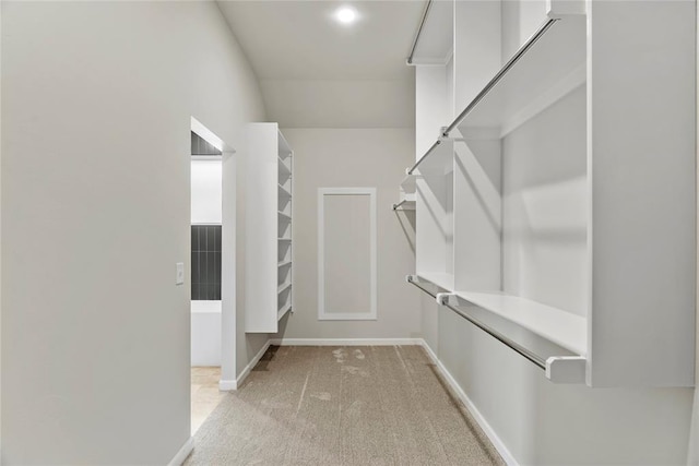 walk in closet featuring light carpet