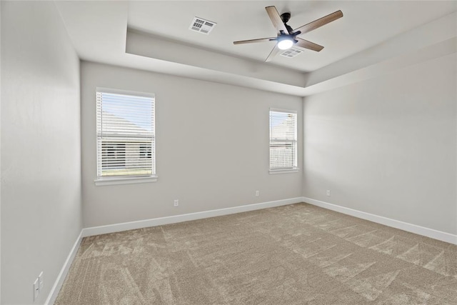 unfurnished room featuring a tray ceiling, a healthy amount of sunlight, and light colored carpet