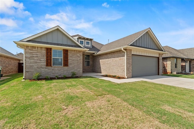 view of front of house featuring driveway, an attached garage, a front lawn, board and batten siding, and brick siding