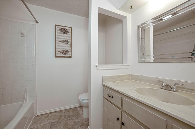 full bathroom featuring toilet, a textured ceiling, vanity, tiled shower / bath combo, and tile patterned flooring