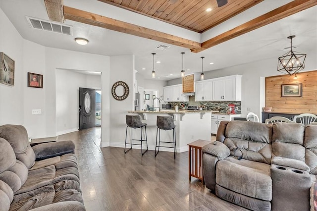 living room featuring sink, dark hardwood / wood-style flooring, wooden ceiling, and a notable chandelier