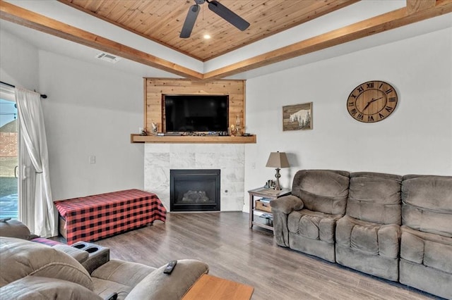 living room with a tile fireplace, wooden ceiling, wood finished floors, and visible vents