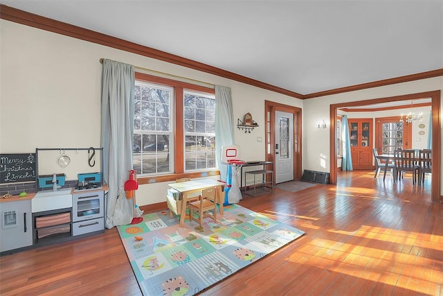 interior space featuring plenty of natural light, ornamental molding, and wood-type flooring