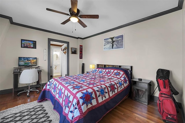 bedroom with dark hardwood / wood-style flooring, connected bathroom, ornamental molding, and ceiling fan