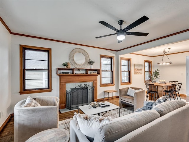 living room with hardwood / wood-style floors, ceiling fan, and ornamental molding