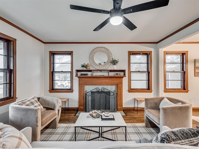 living room with ceiling fan, plenty of natural light, and light wood-type flooring