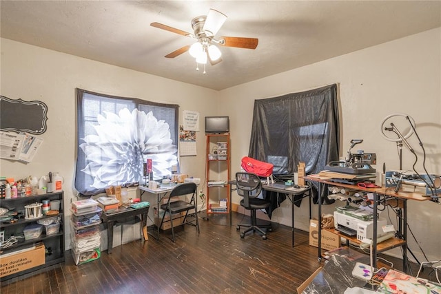 office space featuring ceiling fan and dark wood-type flooring