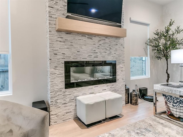 living room featuring a stone fireplace and hardwood / wood-style flooring