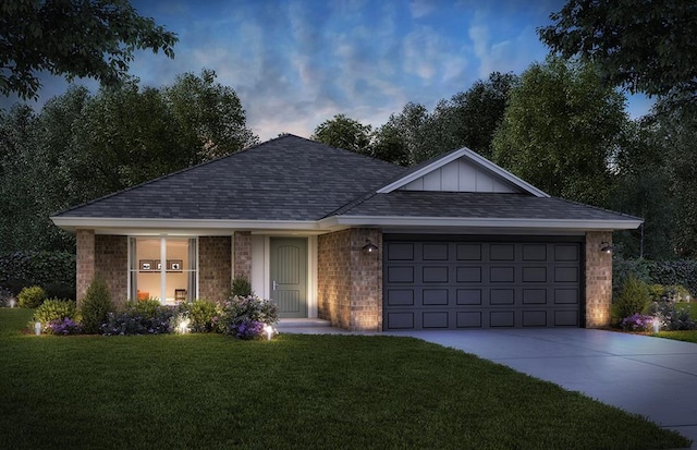 single story home featuring a garage, concrete driveway, roof with shingles, a yard, and brick siding