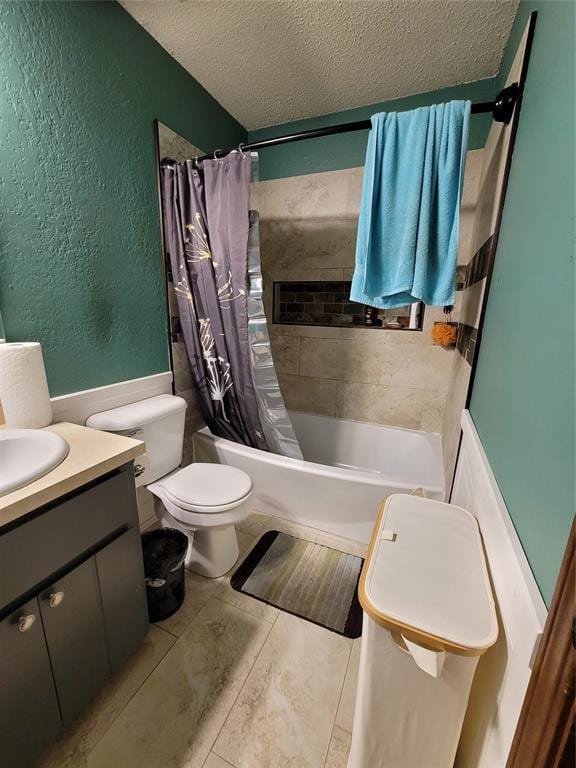 full bathroom with toilet, a textured ceiling, shower / bath combination with curtain, and vanity